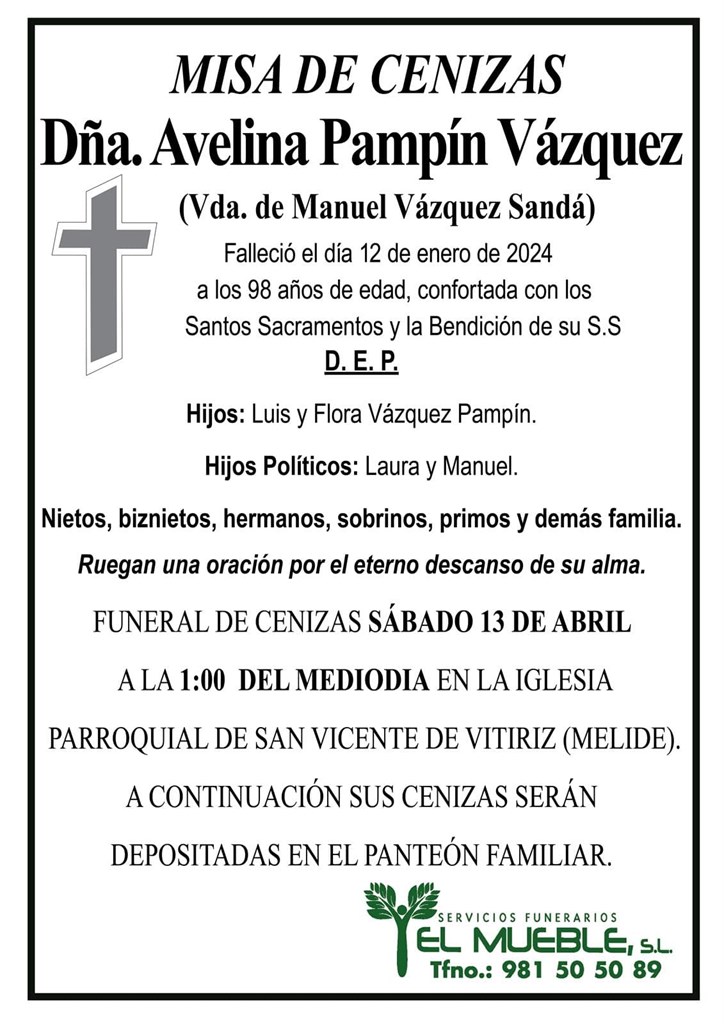 Misa funeral de cenizas de Dña. Avelina Pampín Vázquez.