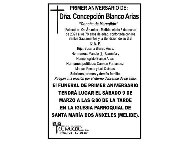 Primer aniversario de Dña. Concepción Blanco Arias.