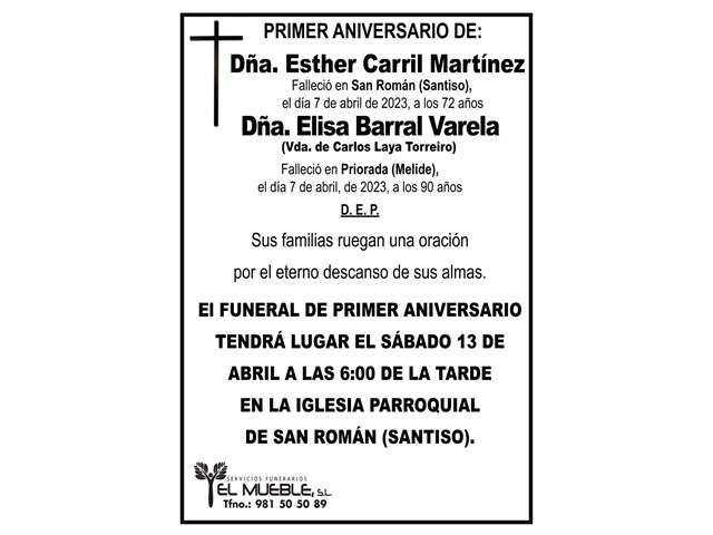 Primer aniversario de Dña. Esther Carril Martínez y Dña. Elisa Barral Varela.