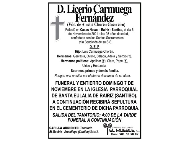 D. LICERIO CARMUEGA FERNÁNDEZ.