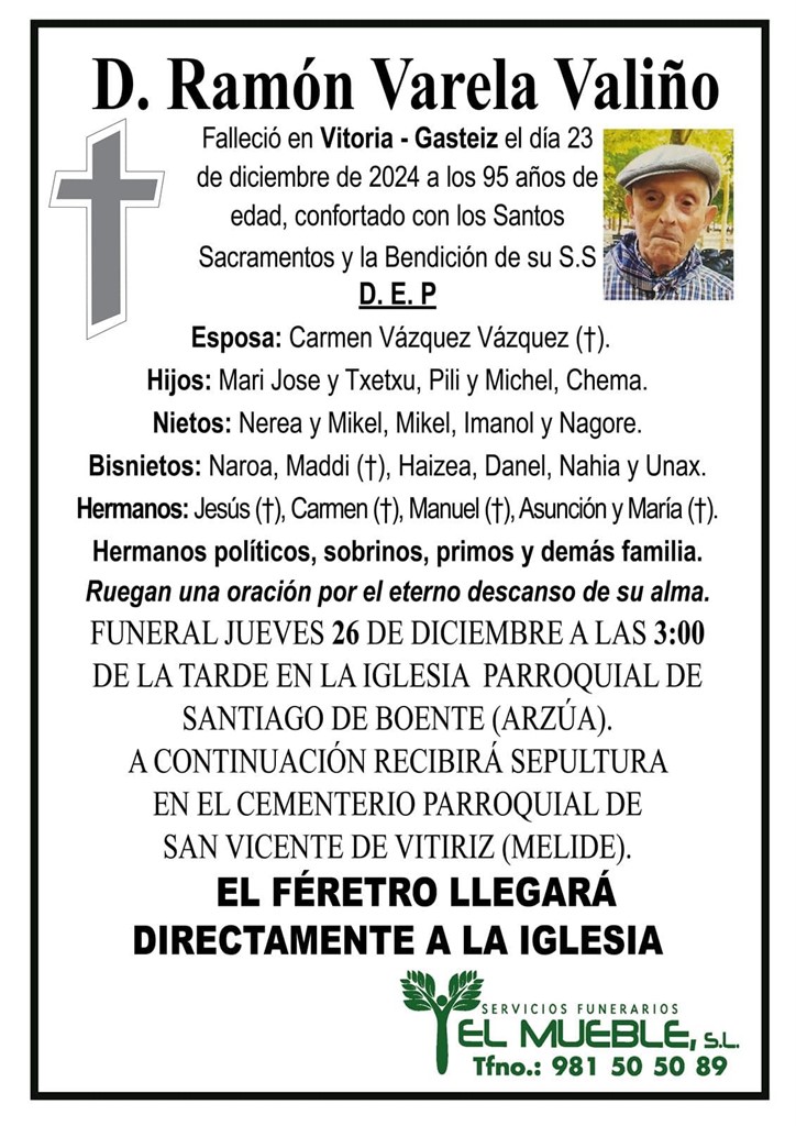  El féretro de D. Ramón Varela Valiño llegará directamente a la iglesia.