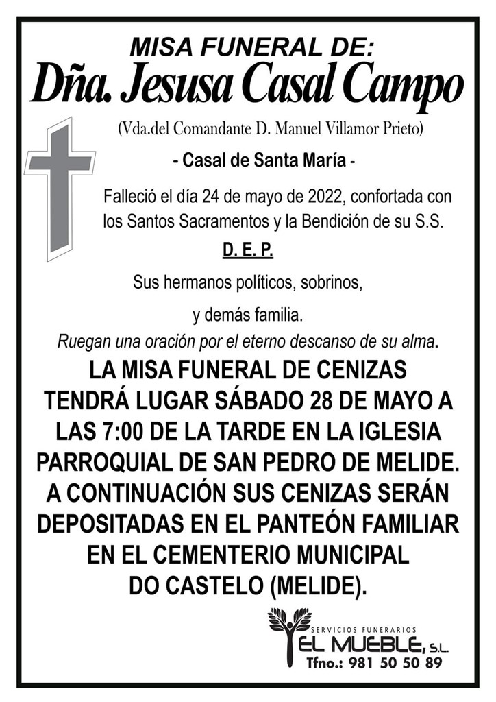 MISA FUNERAL DE CENIZAS DE DÑA. JESUSA CASAL CAMPO.