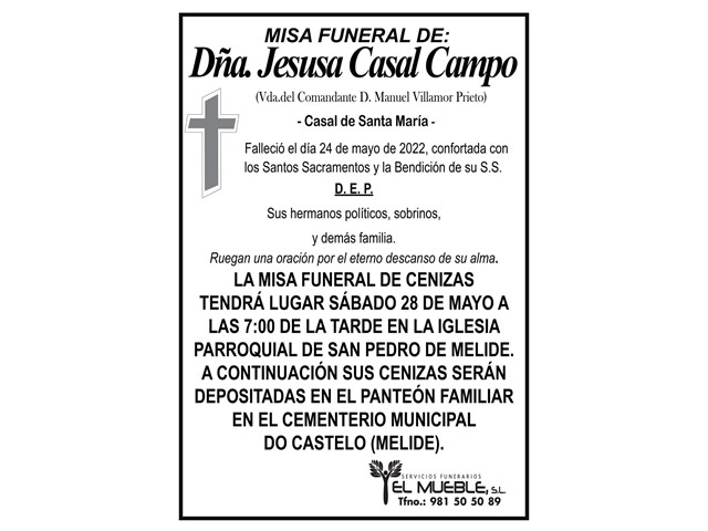 MISA FUNERAL DE CENIZAS DE DÑA. JESUSA CASAL CAMPO.