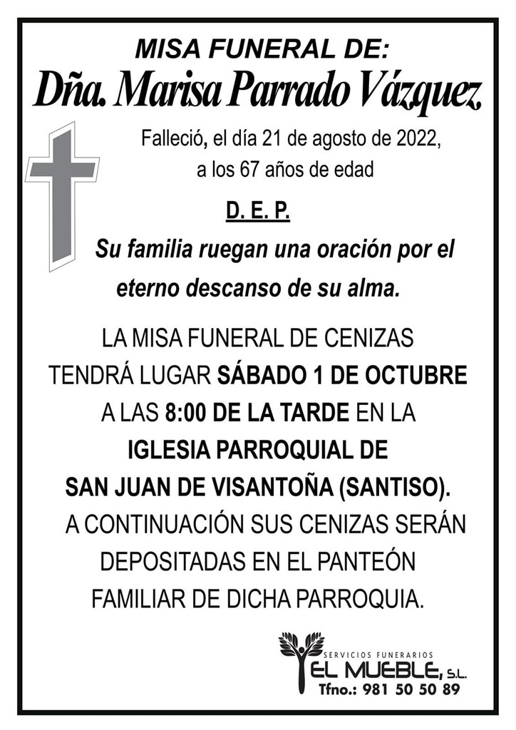 MISA FUNERAL DE CENIZAS DE DÑA. MARISA PARRADO VÁZQUEZ.