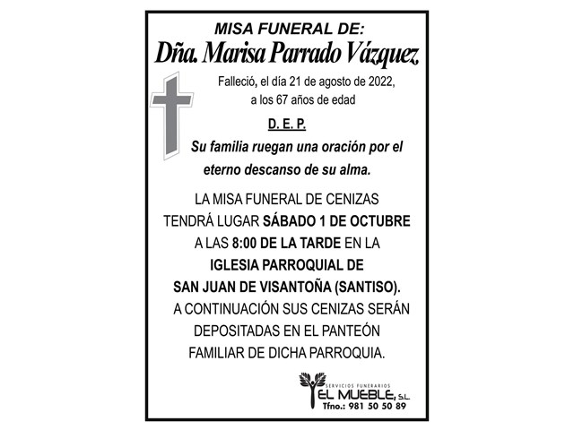 MISA FUNERAL DE CENIZAS DE DÑA. MARISA PARRADO VÁZQUEZ.