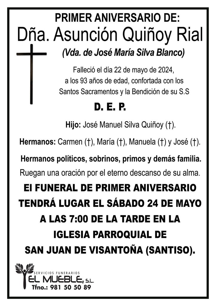 Primer aniversario de Dña. Asunción Quiñoy Rial.