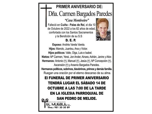 Primer aniversario de Dña. Carmen Bargados Paredes.