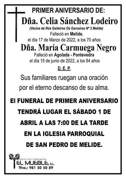 PRIMER ANIVERSARIO DE DÑA. CELIA SÁNCHEZ LODEIRO Y DÑA. MARÍA CARMUEGA NEGRO.