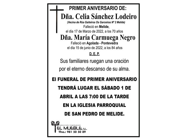 PRIMER ANIVERSARIO DE DÑA. CELIA SÁNCHEZ LODEIRO Y DÑA. MARÍA CARMUEGA NEGRO.