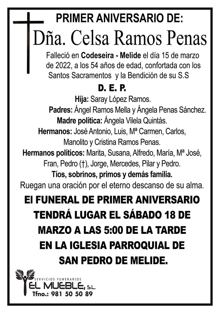PRIMER ANIVERSARIO DE DÑA. CELSA RAMOS PENAS.