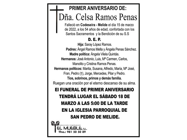 PRIMER ANIVERSARIO DE DÑA. CELSA RAMOS PENAS.