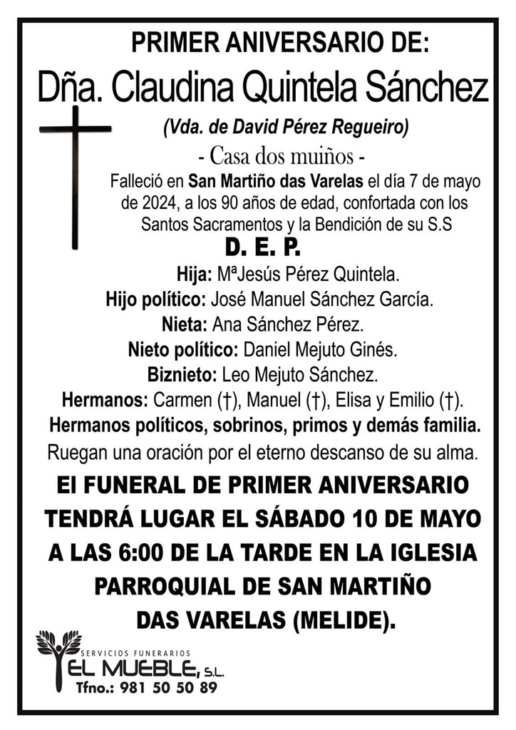 Primer aniversario de Dña. Claudina Quintela Sánchez.