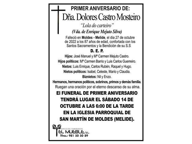 Primer aniversario de Dña. Dolores Castro Mosteiro.