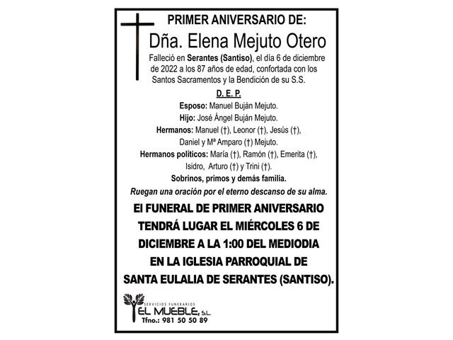 PRIMER ANIVERSARIO DE DÑA. ELENA MEJUTO OTERO.