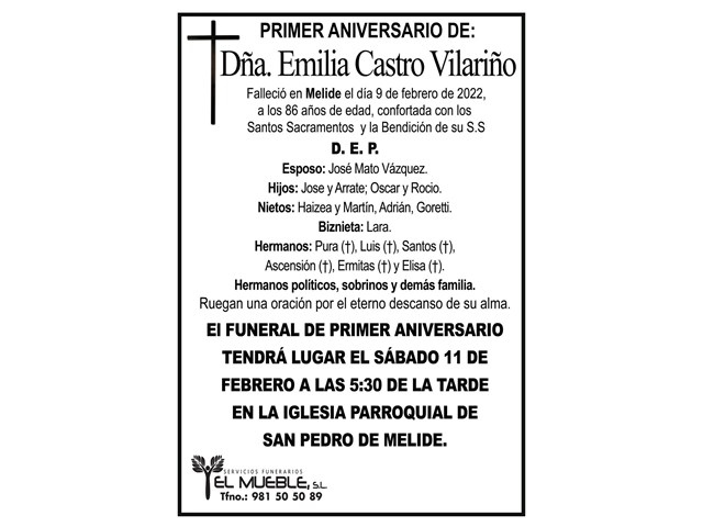 PRIMER ANIVERSARIO DE DÑA. EMILIA CASTRO VILARIÑO.