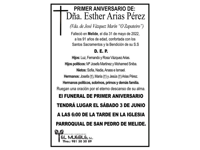 Primer aniversario de Dña. Esther Arias Pérez.