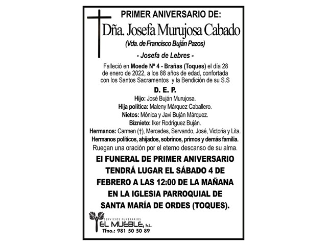 PRIMER ANIVERSARIO DE DÑA. JOSEFA MURUJOSA CABADO.