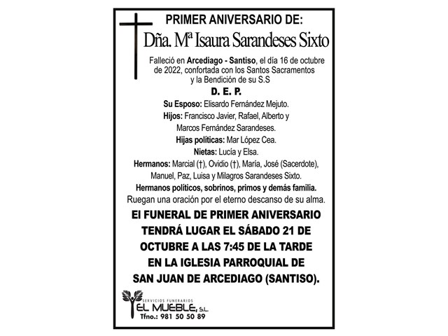 Primer aniversario de Dña. Mª Isaura Sarandeses Sixto.
