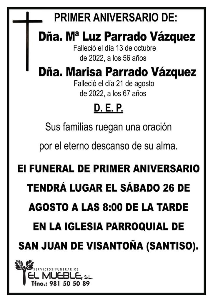 Primer aniversario de Dña. Mª Luz y Dña Marisa Parrado Vázquez