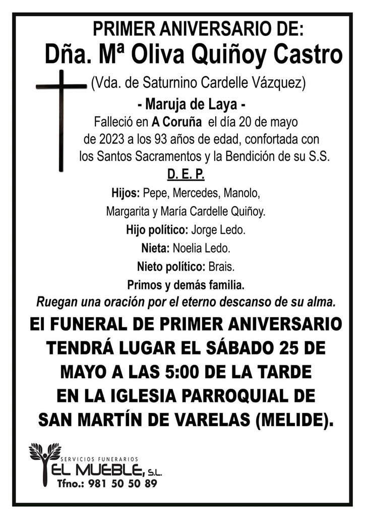 Primer aniversario de Dña. Mª Oliva Quiñoy Castro.