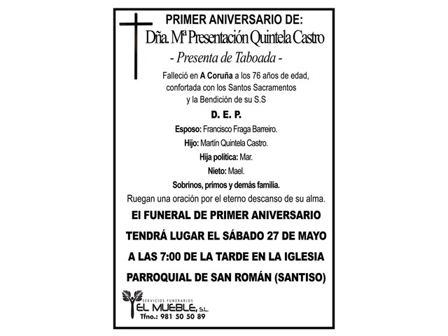 Primer aniversario de Dña. Mª Presentación Quintela Castro.