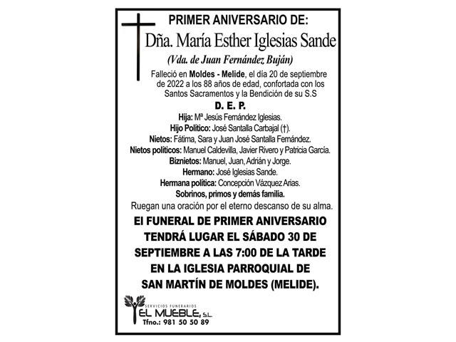 Primer aniversario de Dña. María Esther Iglesias Sande.
