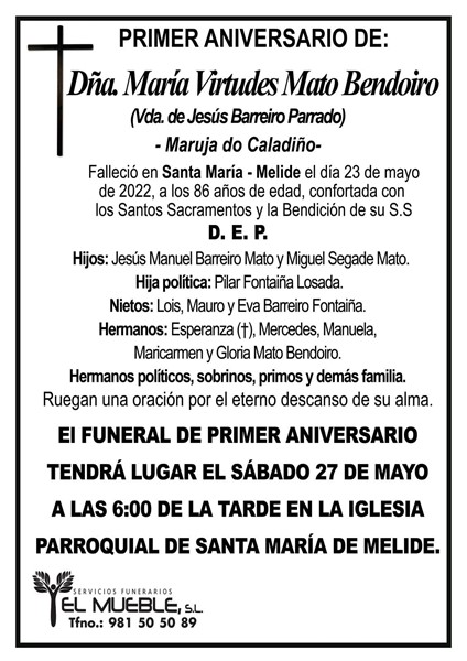 Primer aniversario de Dña. María Virtudes Mato Bendoiro.