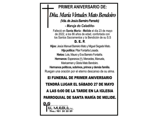Primer aniversario de Dña. María Virtudes Mato Bendoiro.
