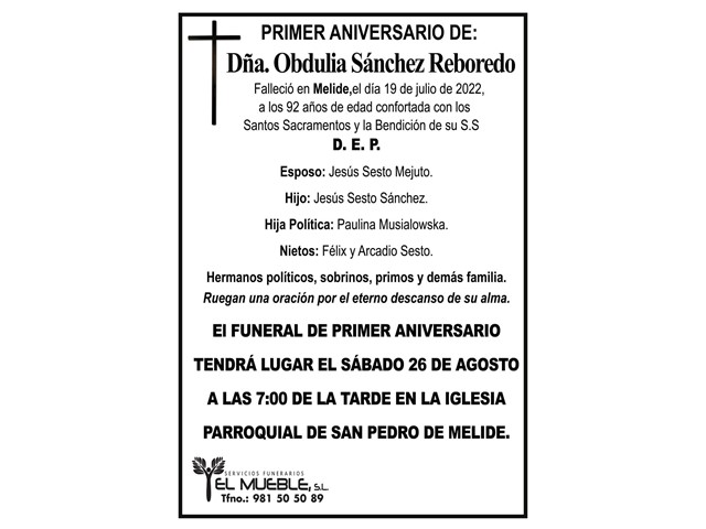 Primer aniversario de Dña. Obdulia Sánchez Reboredo.
