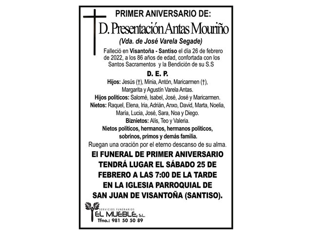 PRIMER ANIVERSARIO DE DÑA. PRESENTACIÓN ANTAS MOURIÑO.