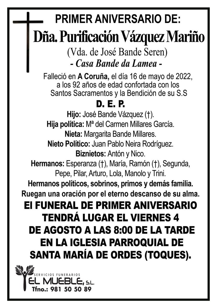 Primer aniversario de Dña. Purificación Vázquez Mariño.