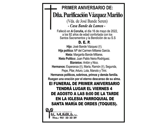 Primer aniversario de Dña. Purificación Vázquez Mariño.