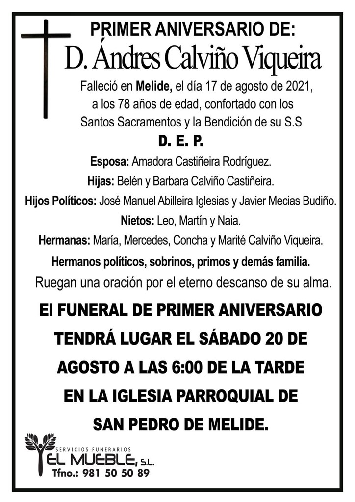 PRIMER ANIVERSARIO DE D. ANDRÉS CALVIÑO VIQUEIRA.