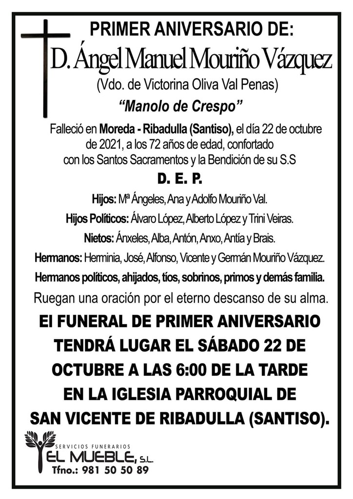 PRIMER ANIVERSARIO DE D. ÁNGEL MANUEL MOURIÑO VÁZQUEZ.