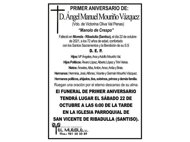 PRIMER ANIVERSARIO DE D. ÁNGEL MANUEL MOURIÑO VÁZQUEZ.