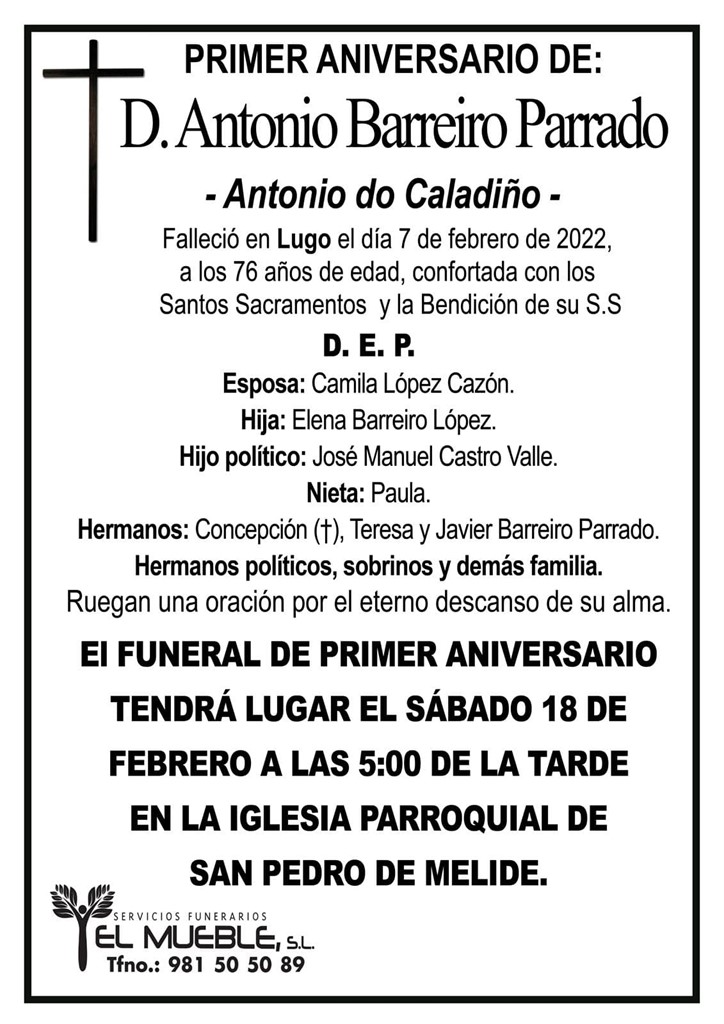 PRIMER ANIVERSARIO DE D. ANTONIO BARREIRO PARRADO.