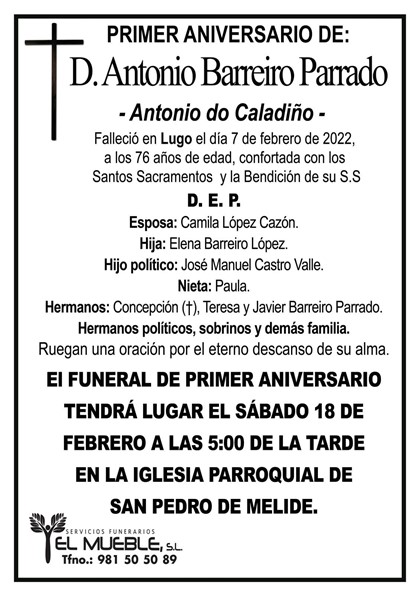PRIMER ANIVERSARIO DE D. ANTONIO BARREIRO PARRADO.