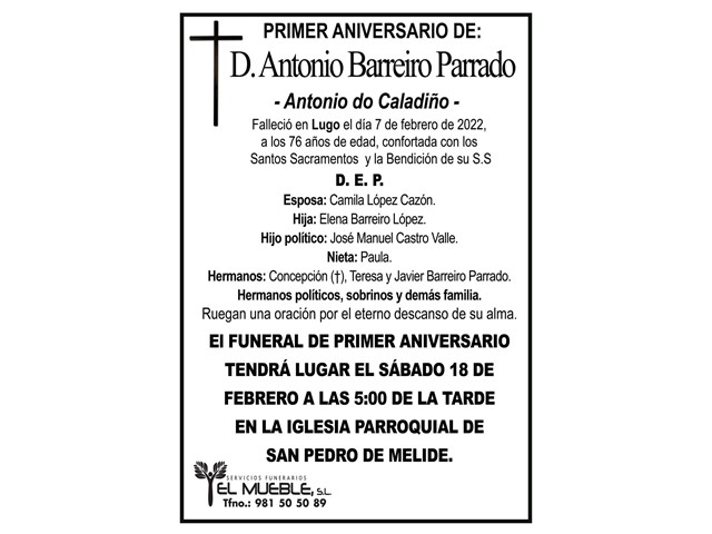 PRIMER ANIVERSARIO DE D. ANTONIO BARREIRO PARRADO.