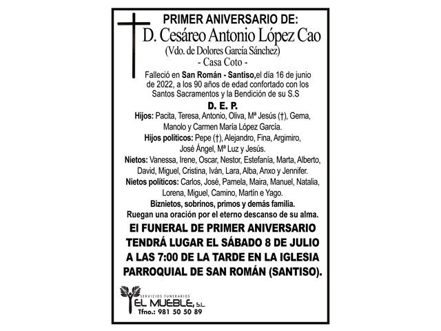 Primer aniversario de D. Cesareo Antonio López Cao