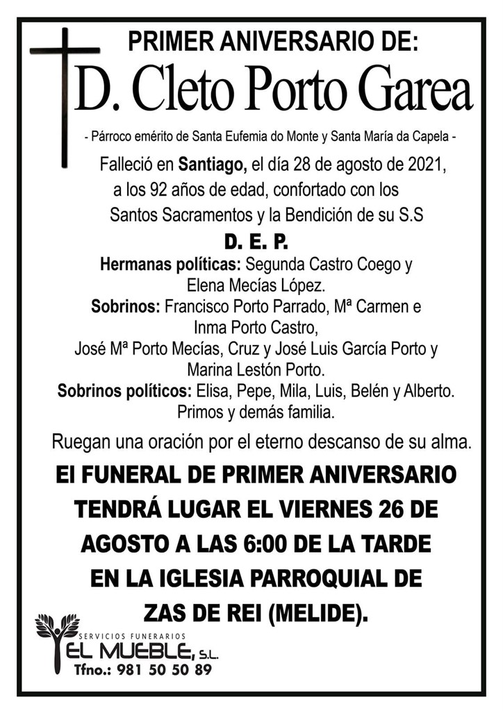 PRIMER ANIVERSARIO DE D. CLETO PORTO GAREA.