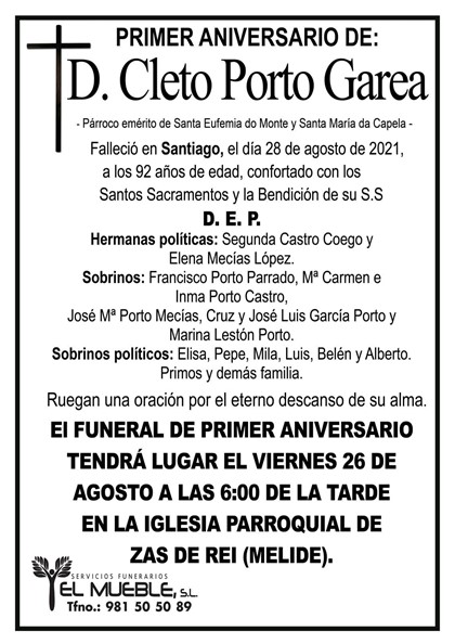 PRIMER ANIVERSARIO DE D. CLETO PORTO GAREA.