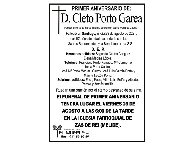 PRIMER ANIVERSARIO DE D. CLETO PORTO GAREA.