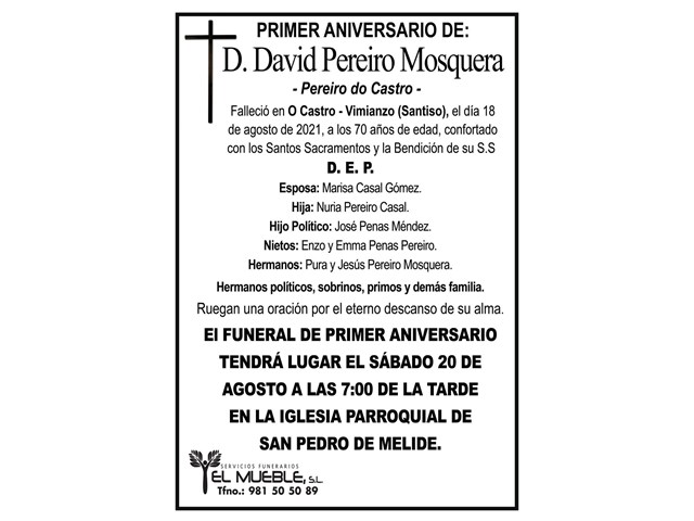 PRIMER ANIVERSARIO DE D. DAVID PEREIRO MOSQUERA.