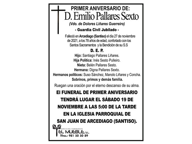 PRIMER ANIVERSARIO DE D. EMILIO PALLARES SEXTO.