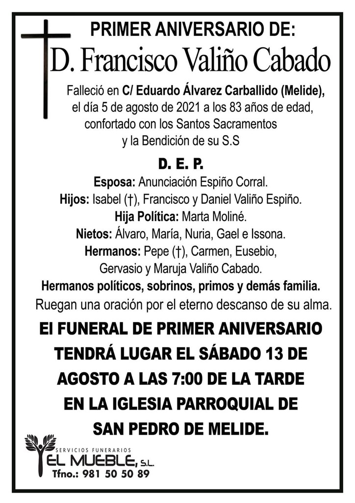 PRIMER ANIVERSARIO DE D. FRANCISCO VALIÑO CABADO.