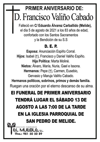 PRIMER ANIVERSARIO DE D. FRANCISCO VALIÑO CABADO.