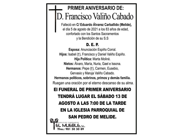 PRIMER ANIVERSARIO DE D. FRANCISCO VALIÑO CABADO.