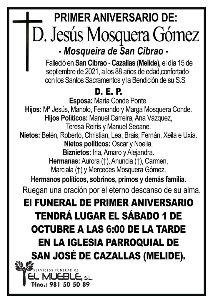 PRIMER ANIVERSARIO DE D. JESÚS MOSQUERA GÓMEZ.