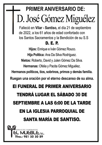Primer aniversario de D. José Gómez Miguélez.