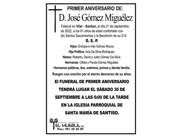 Primer aniversario de D. José Gómez Miguélez.